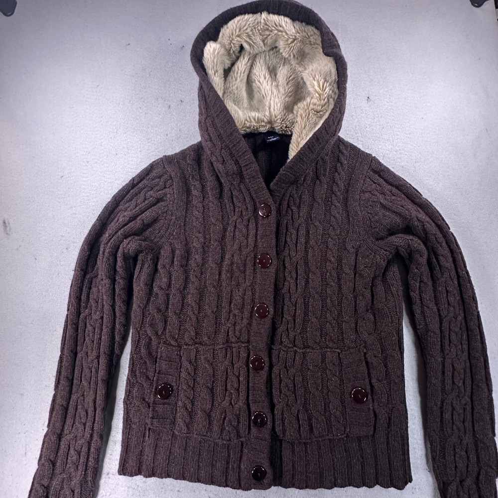 Vintage Y2K Gap Mens 100% Lambswool Cable Knit Faux Fur Lined Hooded Cardigan L